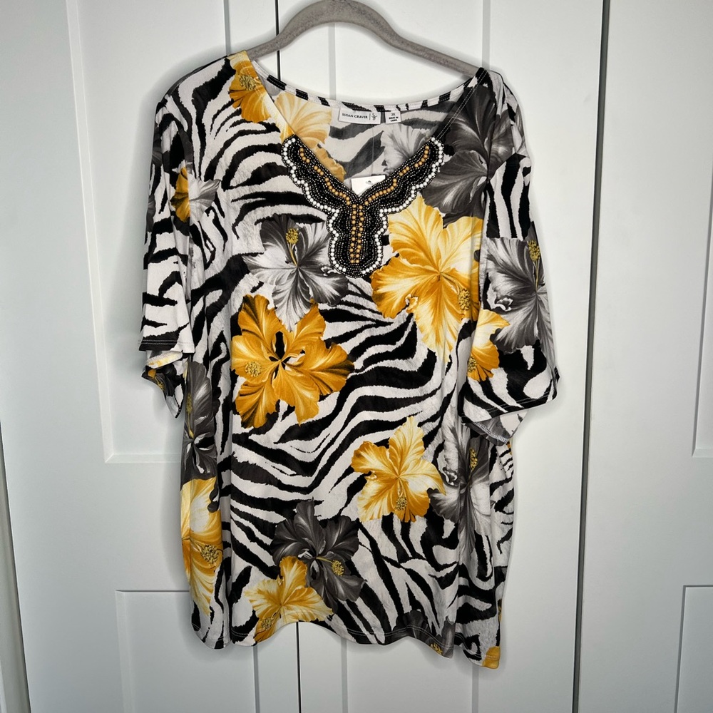 Susan Graver Beaded Neckline Floral Tropical Top Blouse Plus Size 2X NWT